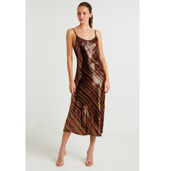 Rixo Sylvie Sequin Chiffon Midi Slip Dress Red Large - Picture 1 of 11